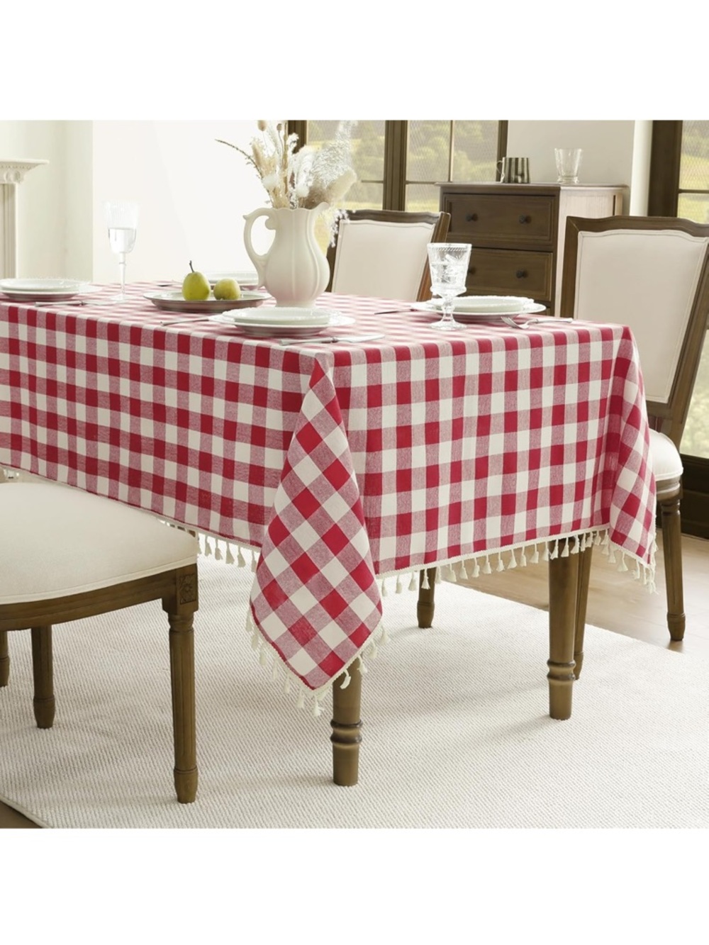 NEW Checkered Tablecloth, Linen Cotton Blend w/ Tassel, Heavy Duty Wrinkle Free